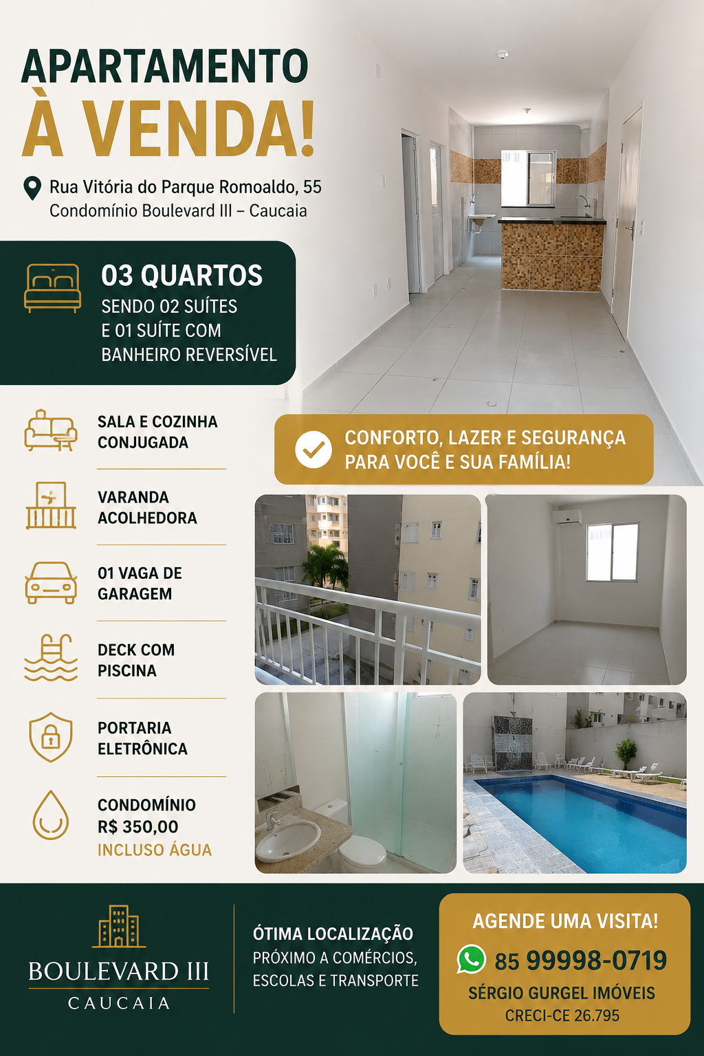 Arte de divulgação com fotos do apartamento no Boulevard III