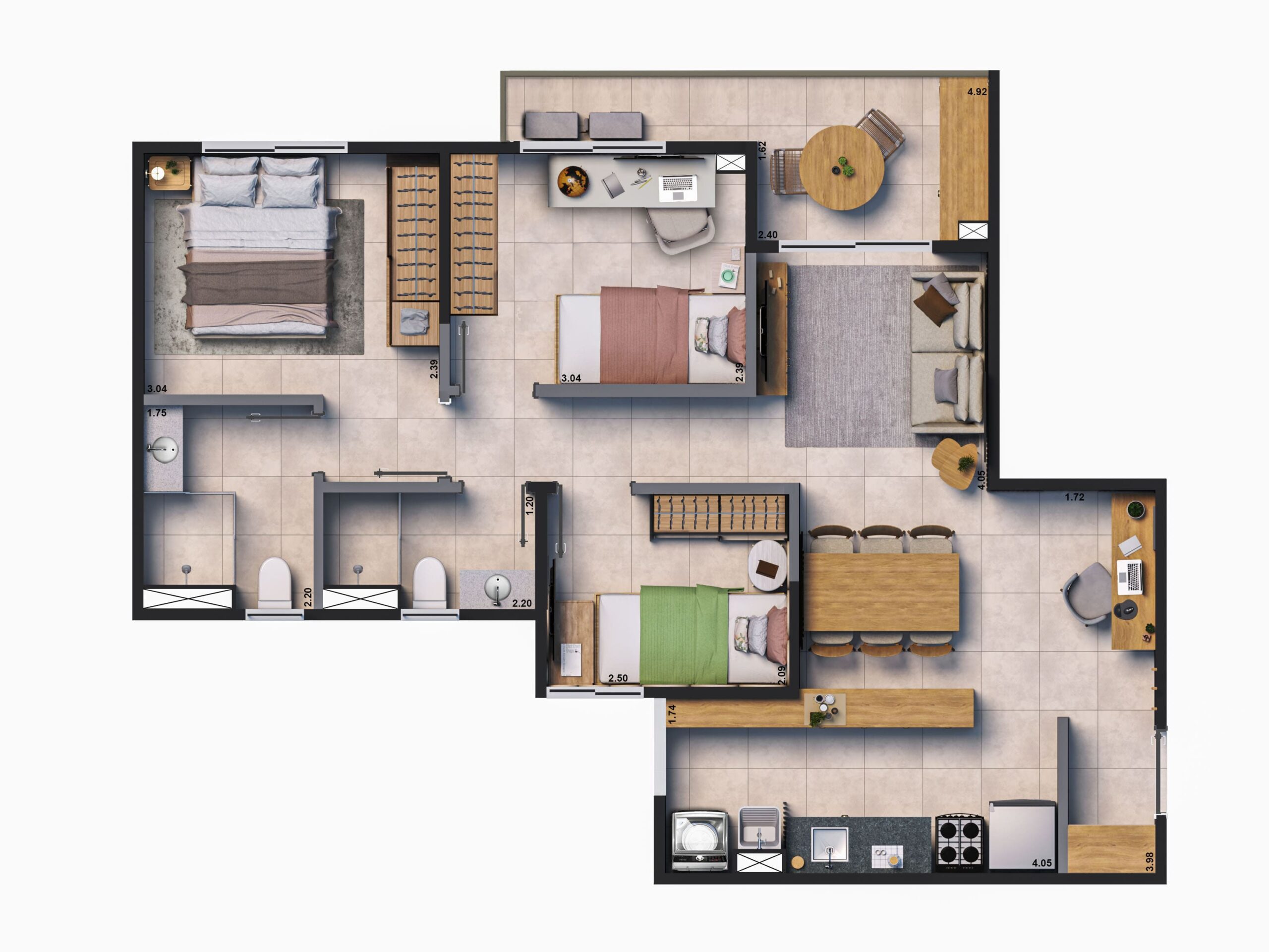 Planta ilustrativa de apartamento de 3 quartos